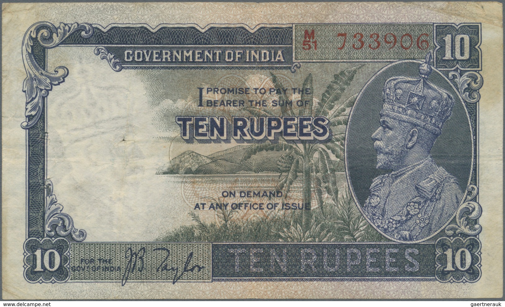 India / Indien: 10 Rupees ND Sign. Taylor, Portrait KGV P. 16a, Used With Several Folds In Paper, So - Indien