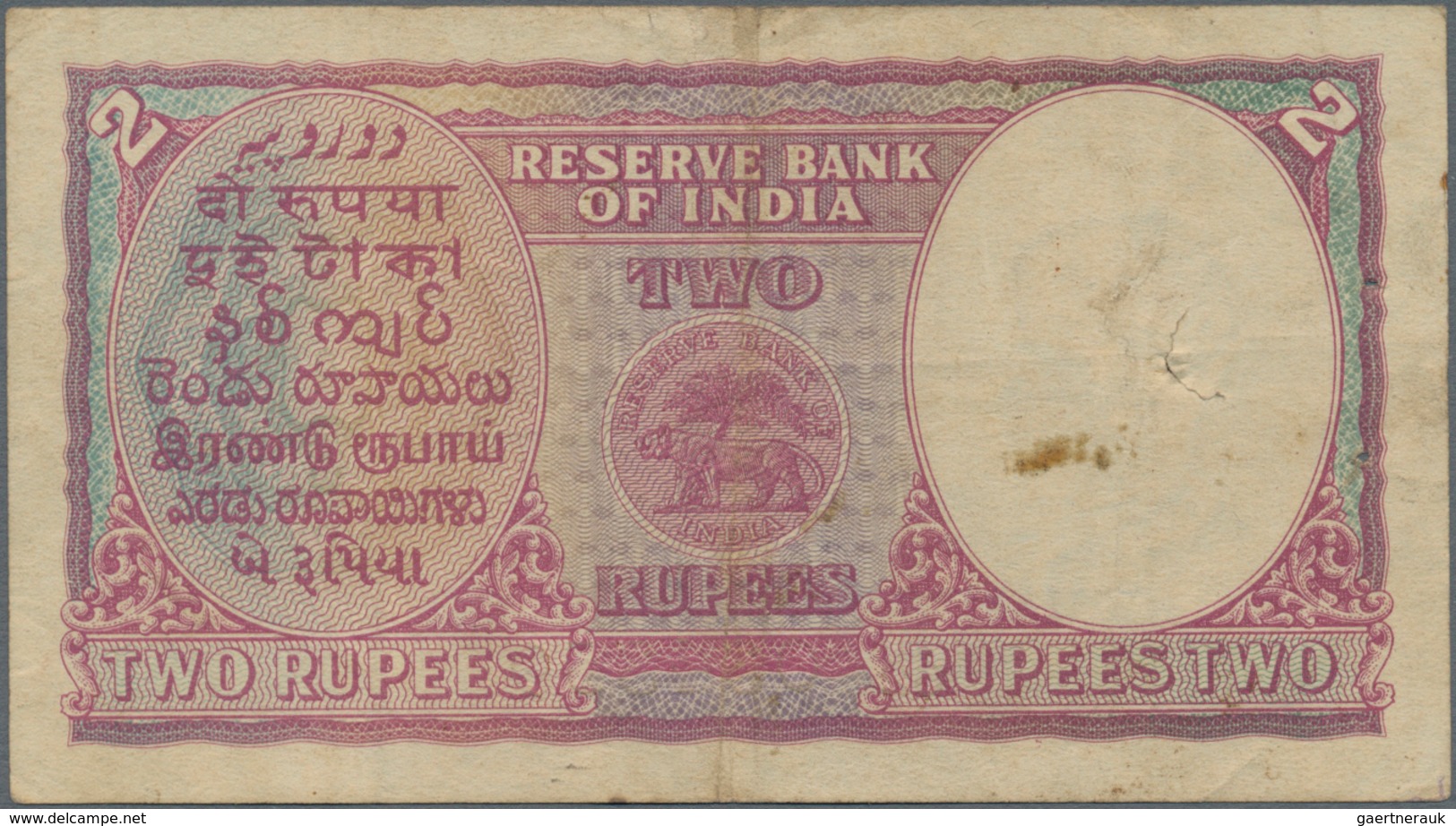 India / Indien: 2 Rupees ND(1943) P. 17b, Rarely Seen With RED TYPE Serial Number, Used With Folds A - India