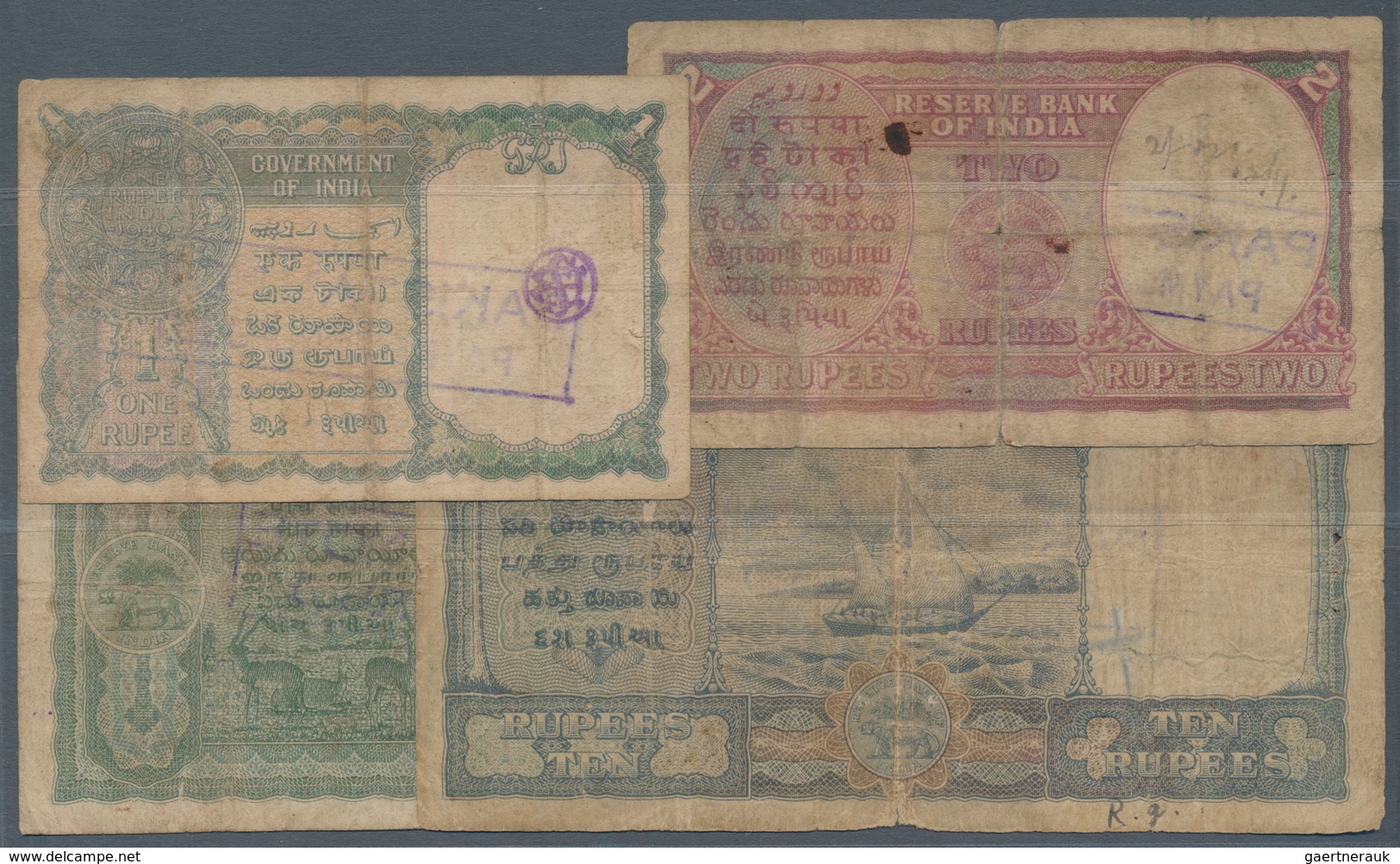 India / Indien: Very Nice Set With 4 Banknotes 1, 2, 5 And 10 Rupees 1940-43, P.17b, 23, 24, 25d. Al - India