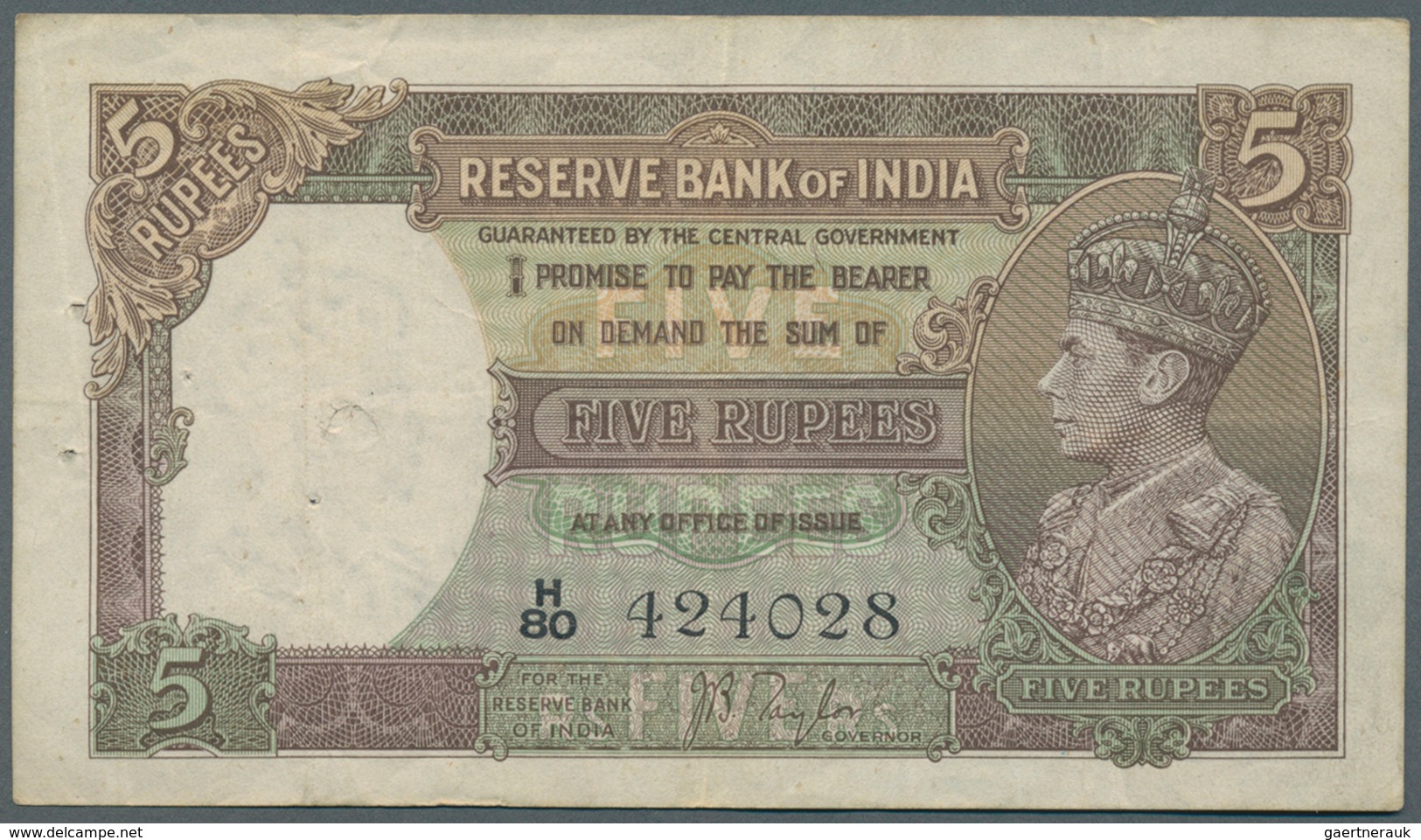 India / Indien: 5 Rupees ND(1937 & 1943) With Signature Taylor, P.18a, Several Folds, Tiny Pinholes - Indien