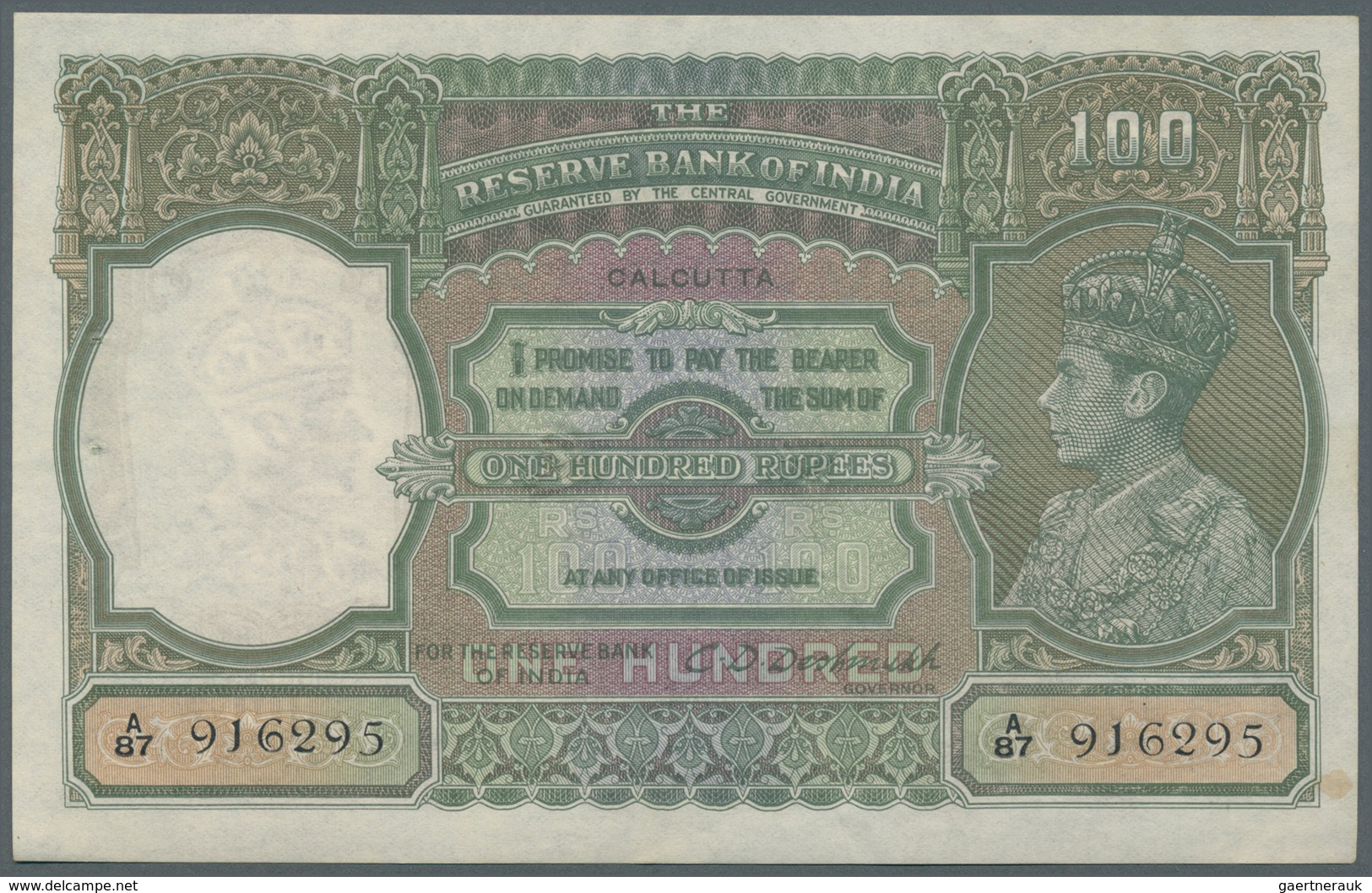 India / Indien: 100 Rupees ND(1937-43), Place Of Issue CALCUTTA With Signature Deshmuk, P.20e In Exc - Indien