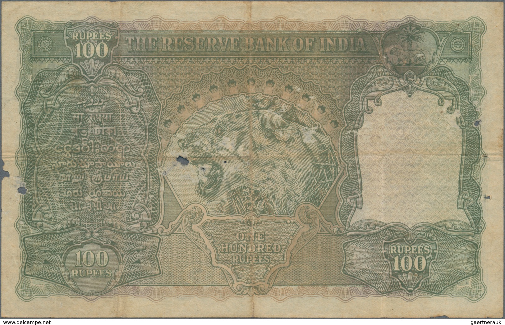 India / Indien: 100 Rupees ND(1943) Portrait KGIV P. 20o, MADRAS Issue, Used With Folds And Pinholes - India