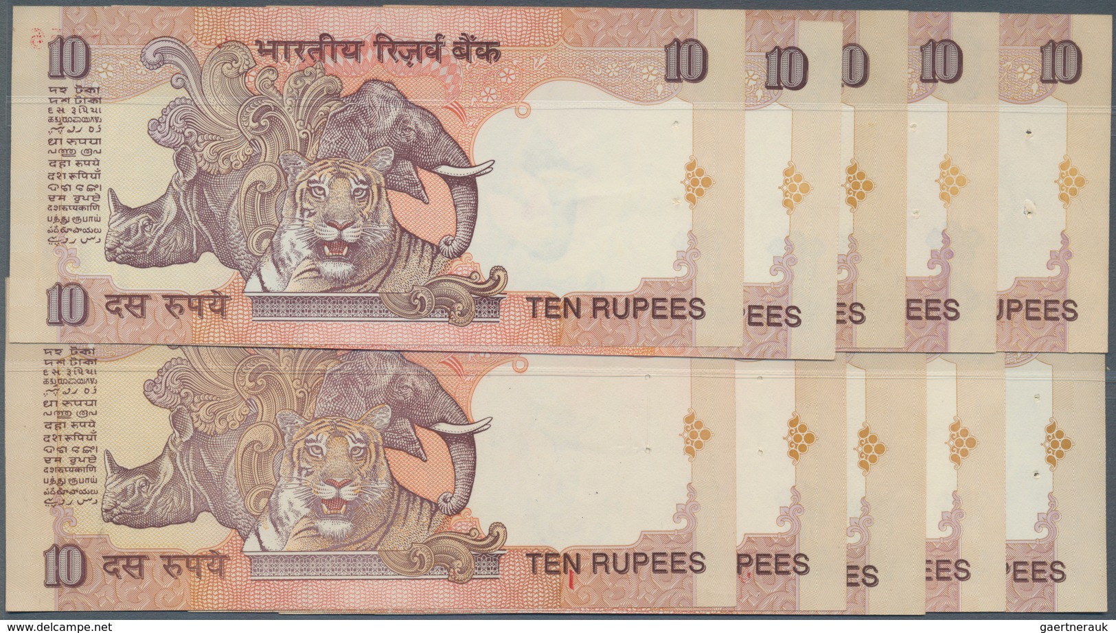 India / Indien: Set Of 10 Notes 10 Rupees ND P. 89 With Interesting Serial Numbers From 0000000 To 9 - Indien