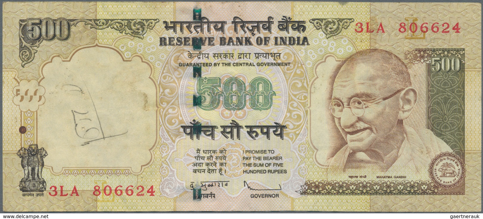 India / Indien: 500 Rupees ND P. 99 Error Note With Inverted And Misplaced Watermark In Paper, Handl - Indien