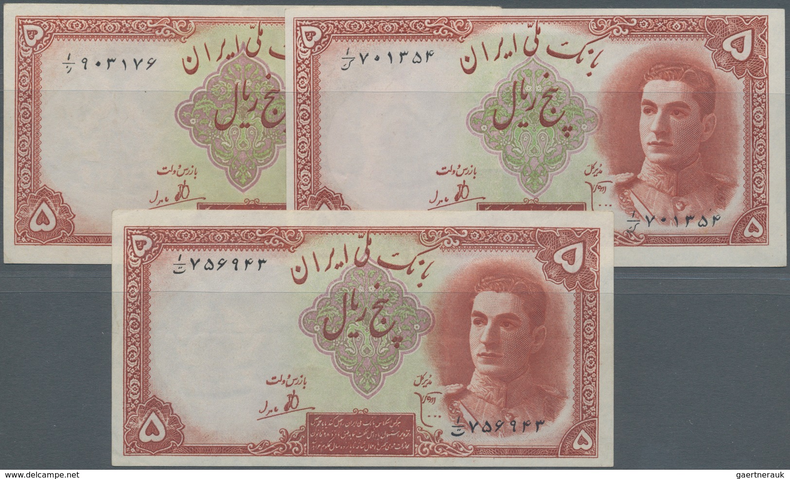 Iran: Set Of 3 Notes 5 Rials ND(1944) P. 39, All In Same Condition: AUNC. (3 Pcs) - Iran