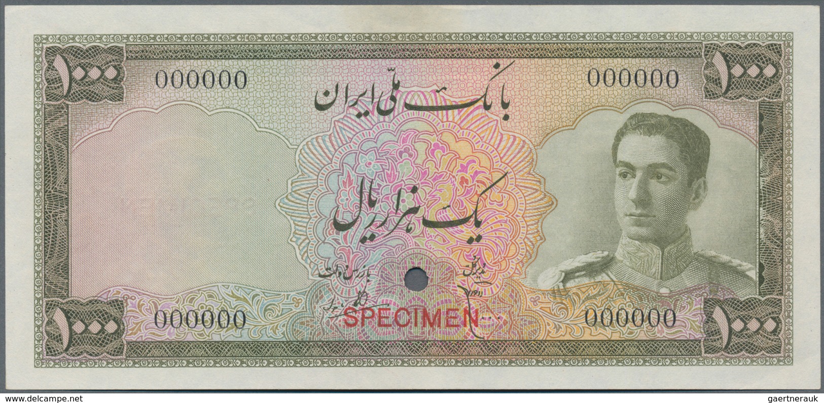 Iran: 1000 Rials ND(1951) Color Trial Specimen In Ocre-green Color With Zero Serial Numbers And Spec - Iran