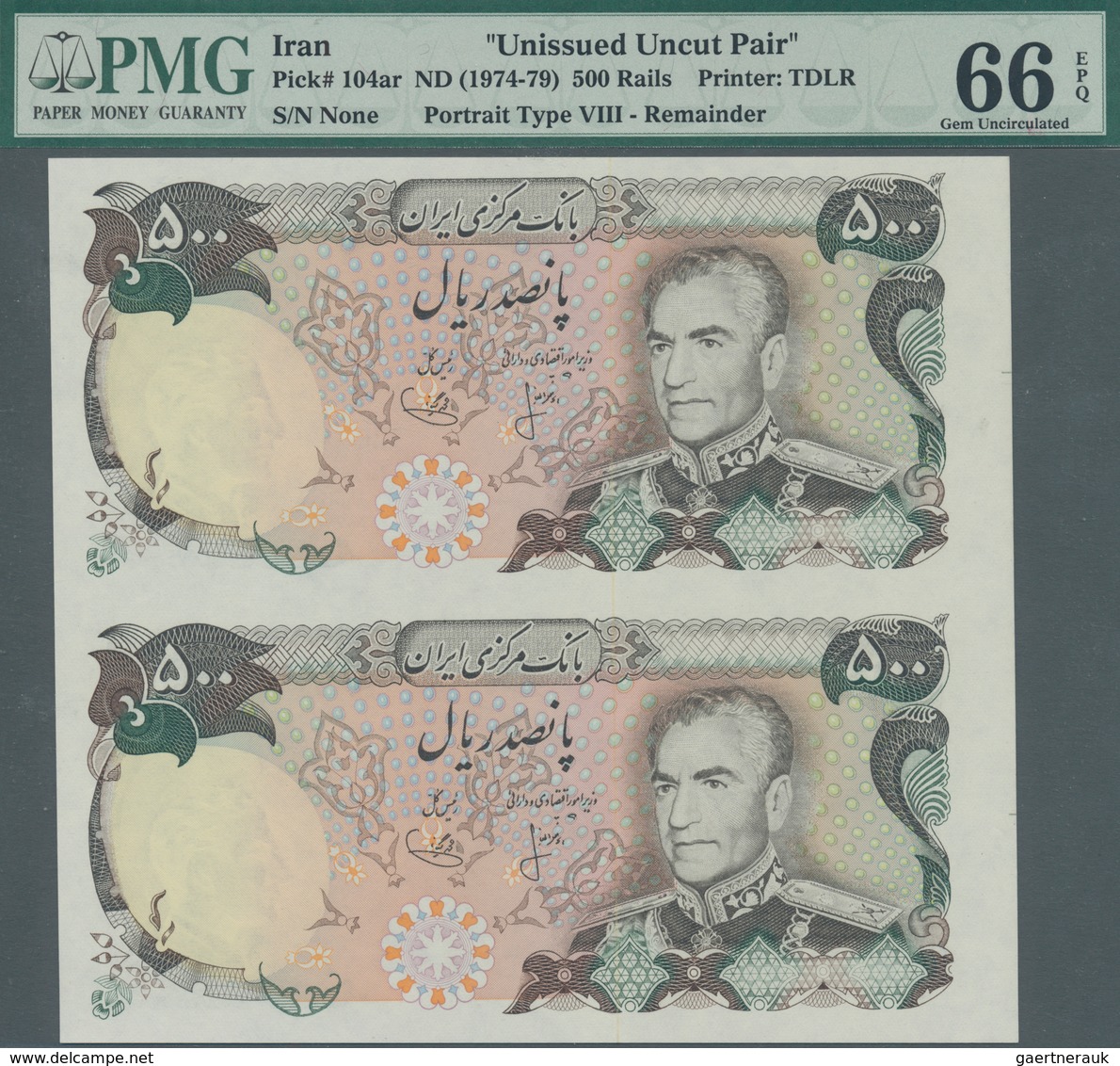 Iran: Uncut Sheet Of A Pair Of 500 Rials ND(1974-79) P. 104ar Without Serial Number, In Condition: P - Iran