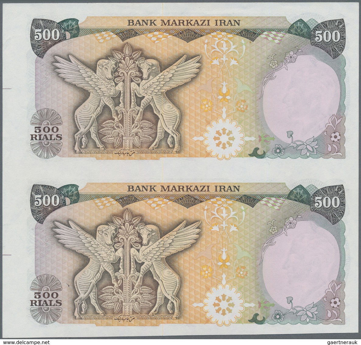 Iran: Uncut Sheet Of A Pair Of 500 Rials ND(1974-79) P. 104ar Without Serial Number, In Condition: U - Iran