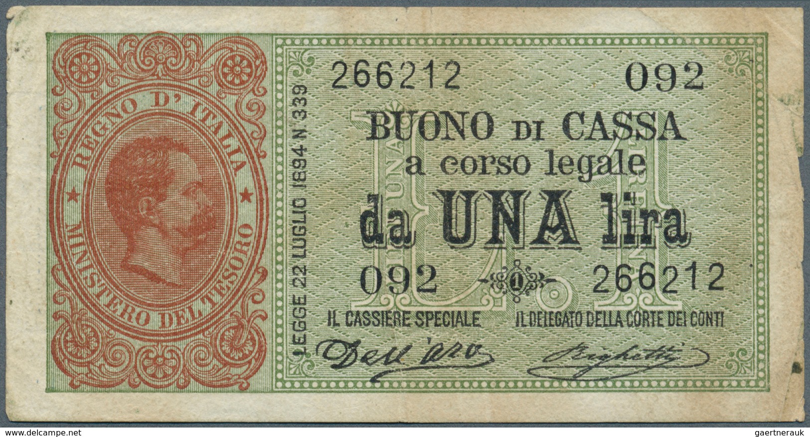 Italy / Italien: 1 Lira 1894 P. 34, Used With Folds And Light Stained Paper, No Holes Or Tears, Cond - Other & Unclassified