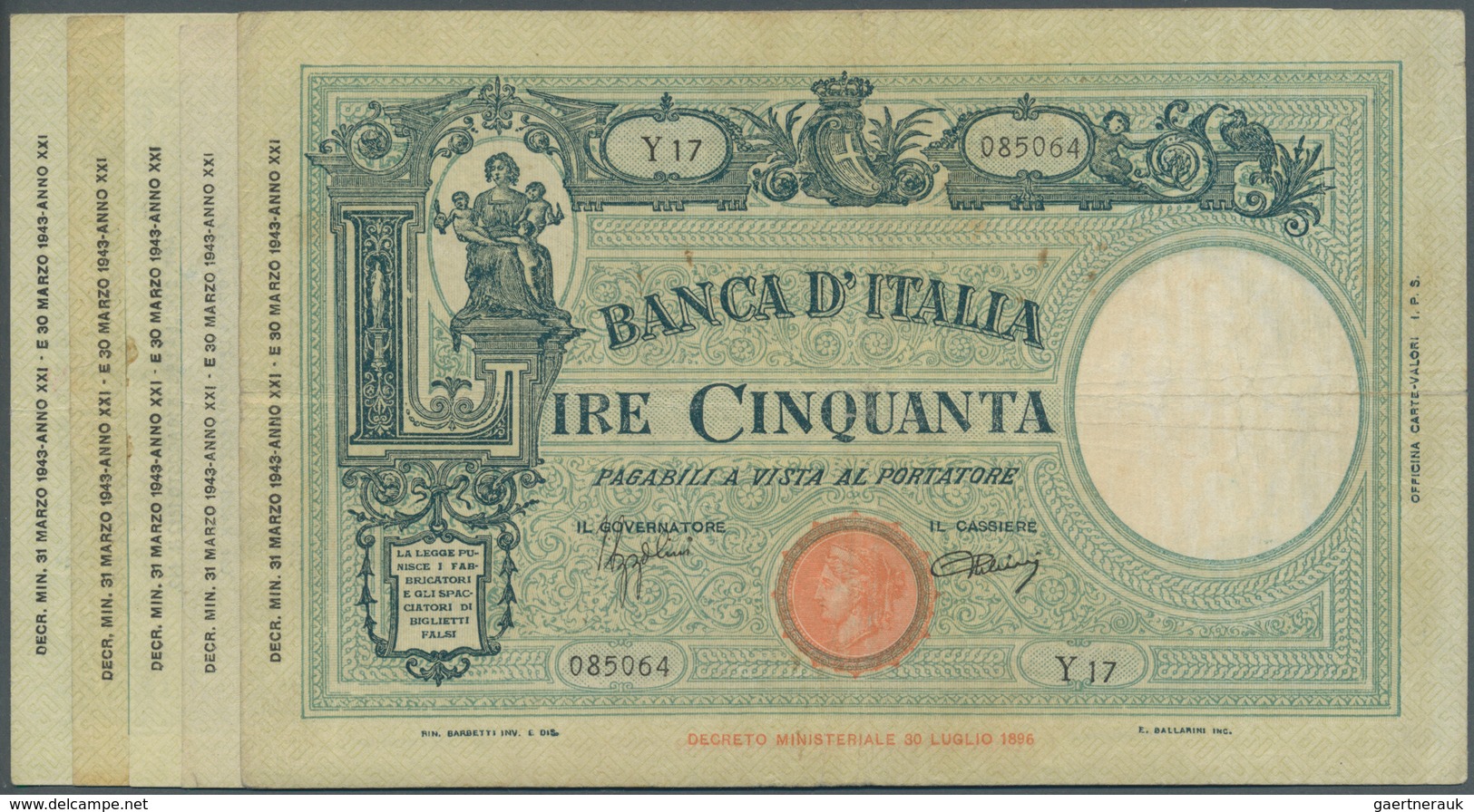 Italy / Italien: Set Of 5 Notes 50 Lire 1943 P. 65, All In Similar Conditoin, Used With Folds, But S - Other & Unclassified