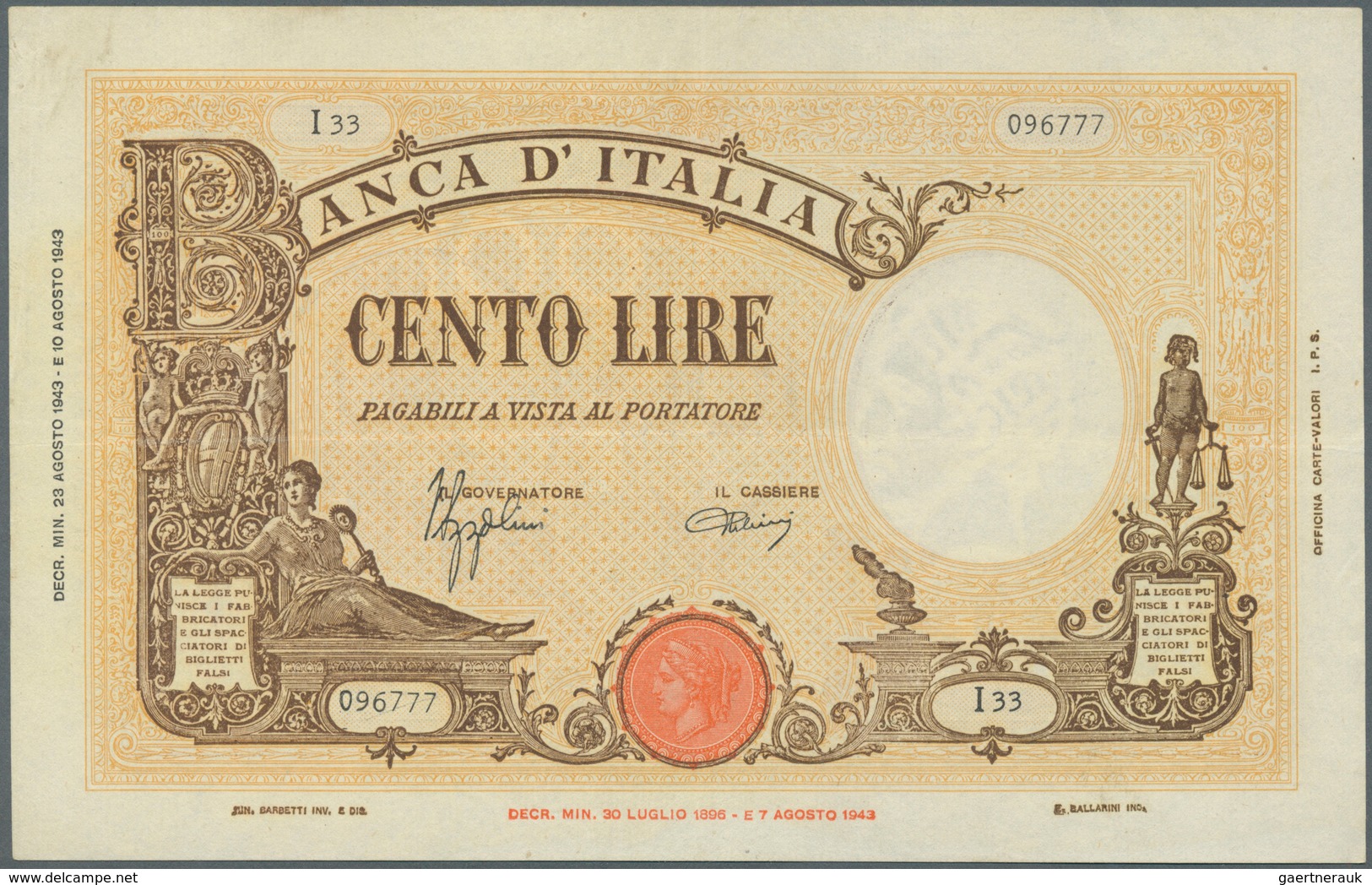 Italy / Italien: Set Of 5 Notes 100 Lire 1943/44 P. 67, All In Similar Condition, Light Folds In Pap - Otros & Sin Clasificación