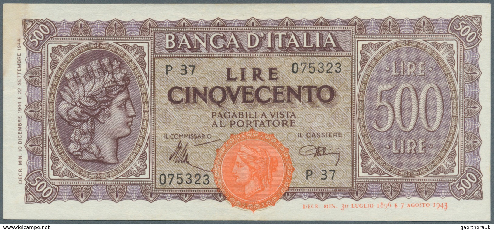 Italy / Italien: 500 Lire 1944 P. 76, Highly Rare Note, Center Fold And Two Further But Lighter Vert - Other & Unclassified