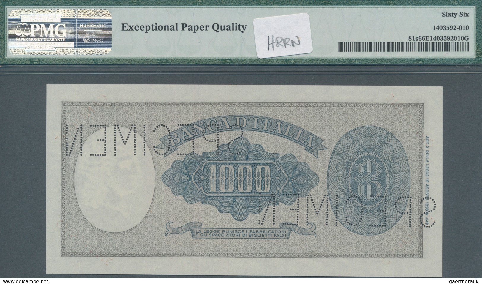 Italy / Italien: 1000 Lire 1947-50 SPECIMEN P.81s In Perfect UNC, PMG Graded 66 Gem Uncirculated EPQ - Sonstige & Ohne Zuordnung