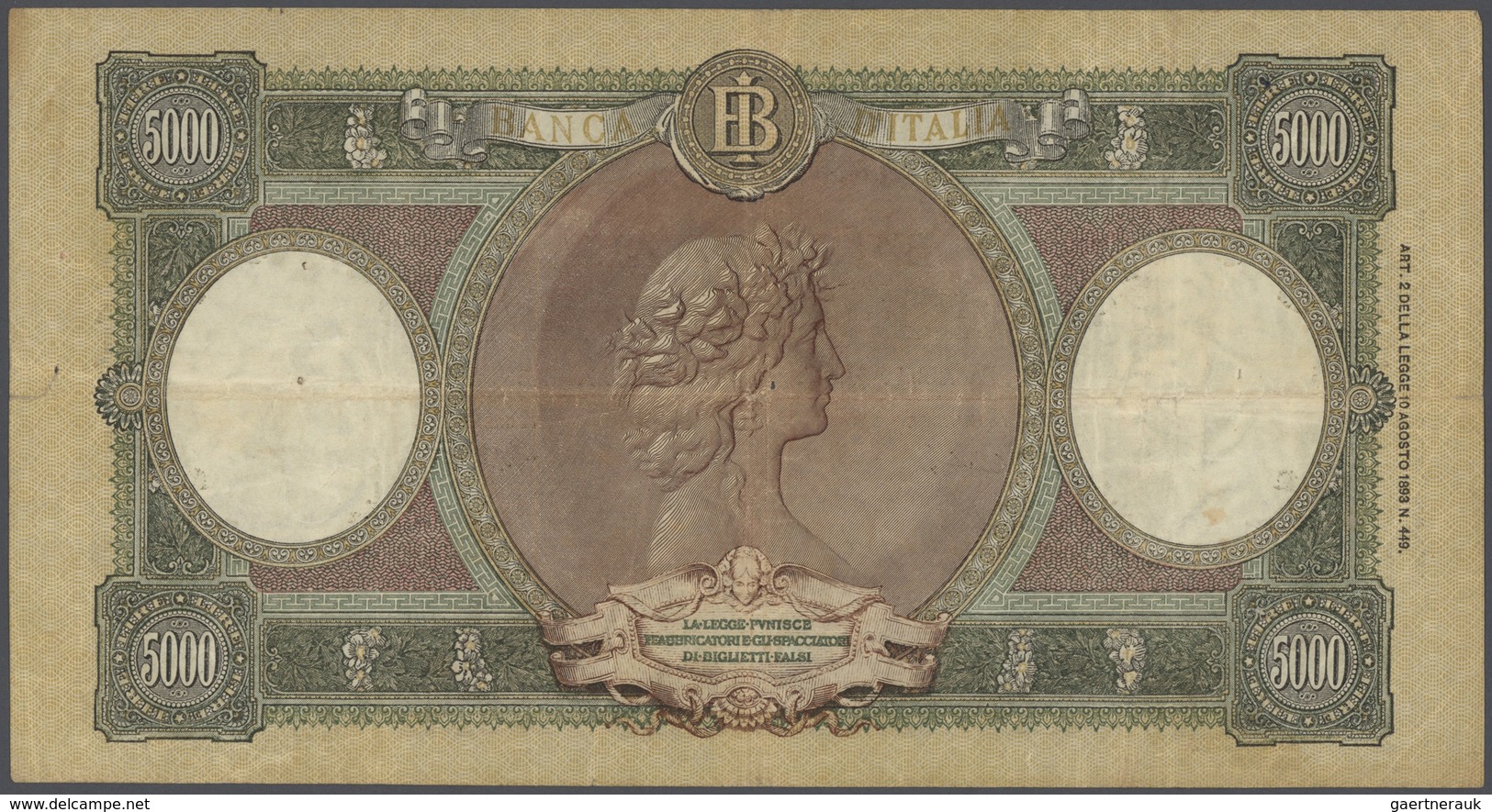 Italy / Italien: 5000 Lire 1953 P. 85c, Used With Several Folds In Paper, Center Hole, 1cm Border Te - Sonstige & Ohne Zuordnung