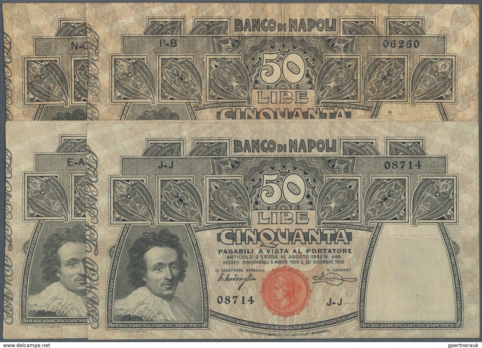 Italy / Italien: Set Of 4 Pcs Banco Di Napoli 50 Lire 1909-1921 P. S856, All Notes Used, Two Without - Other & Unclassified