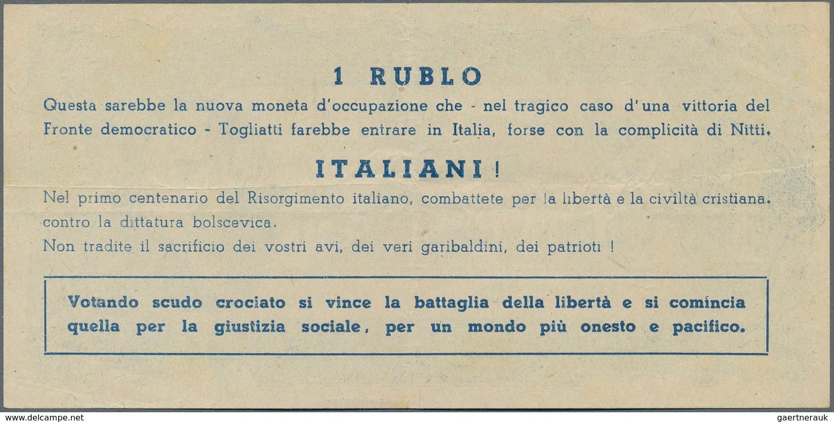 Italy / Italien: Very Rare Propaganda-notes Ca. 1940 Printed On Normal Paper In The Design Of A 1 Ch - Sonstige & Ohne Zuordnung