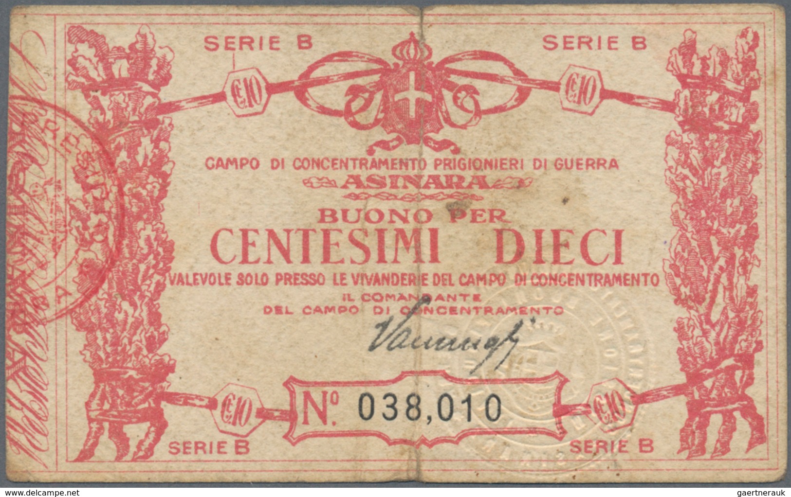 Italy / Italien: POW Camp ASINARA Bon Of 10 Centesimi ND, P.NL With A Few Folds And Lightly Toned Pa - Sonstige & Ohne Zuordnung