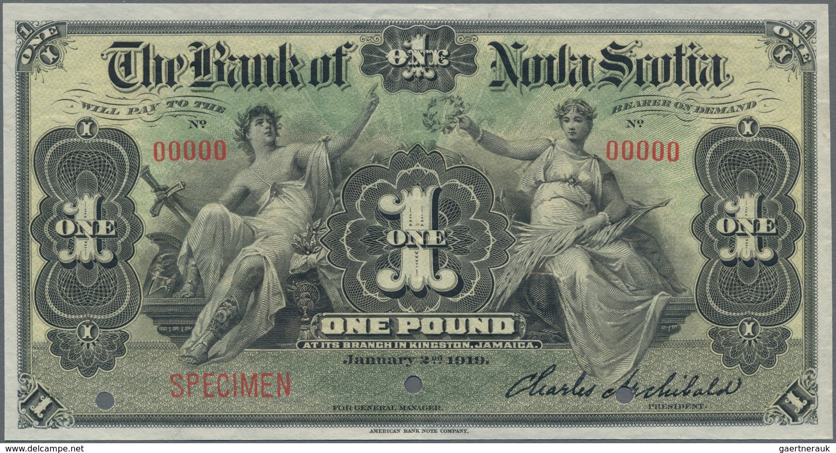 Jamaica: Bank Of Nova Scotia, Kingston, 1 Pound January 2nd 1919 SPECIMEN, P.S131s, Zero Serial Numb - Jamaica