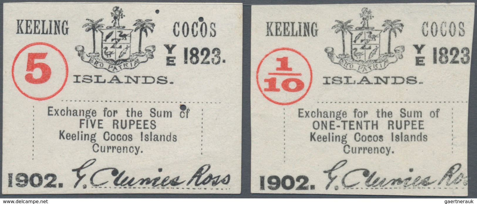 Keeling / Cocos Islands: Set Of 2 Notes Containing 1/10 And 5 Rupees P. S123, S128, Both Gernerally - Sonstige & Ohne Zuordnung