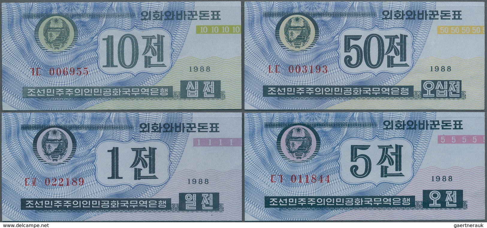 Korea: Set With 4 Notes 1, 5, 10 And 50 Chon "Capitalist Visitors Money" 1988, P.23-26 In UNC. (4 Pc - Corea Del Sur