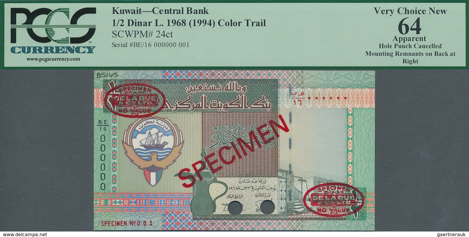 Kuwait: 1/2 Dinar L.1968 (1994) Color Trial De La Rue Specimen, P.24cts With Punch Hole Cancellation - Kuwait