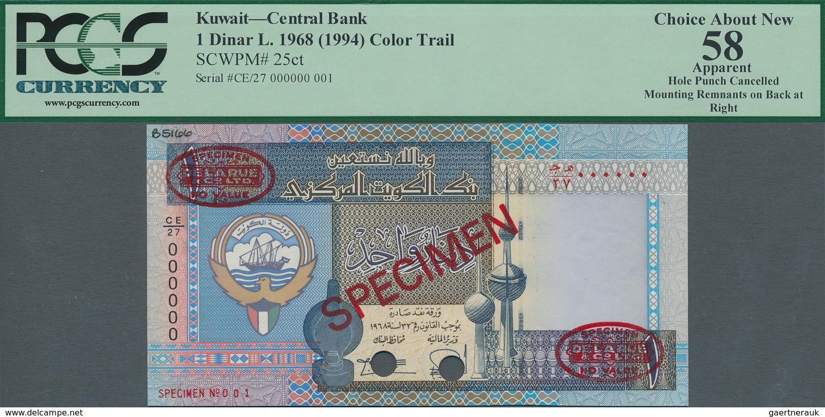 Kuwait: 1 Dinar L.1968 (1994) Color Trial De La Rue Specimen, P.25cts With Punch Hole Cancellation, - Kuwait