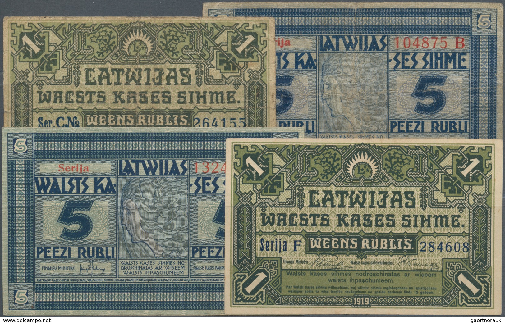 Latvia / Lettland: Latwijas Walsts Kaşes Set With 4 Banknotes Containing 2 X 1 Rublis 1919 P.2a,b In - Lettonie