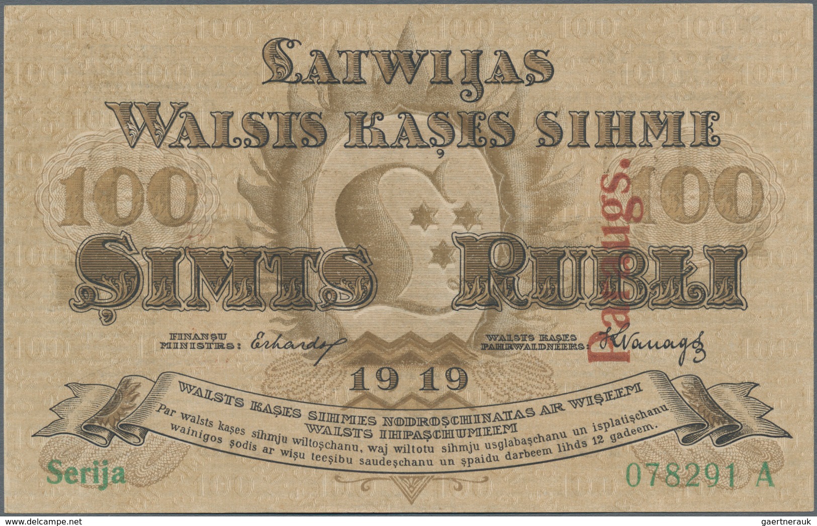 Latvia / Lettland: 100 Rublis 1919 Specimen With Red Overprint "PARAUGS", P.7s In UNC Condition. - Lettland