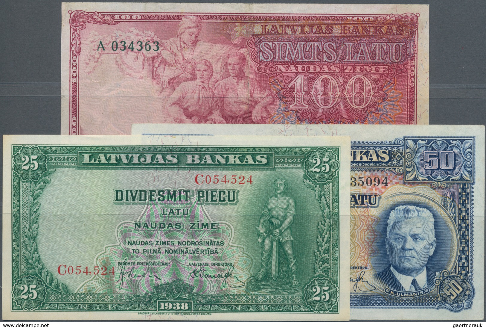 Latvia / Lettland: Nice Lot With 3 Banknotes 50 Latu 1934 In VF, 25 Latu 1938 In UNC And 100 Latu 19 - Lettland