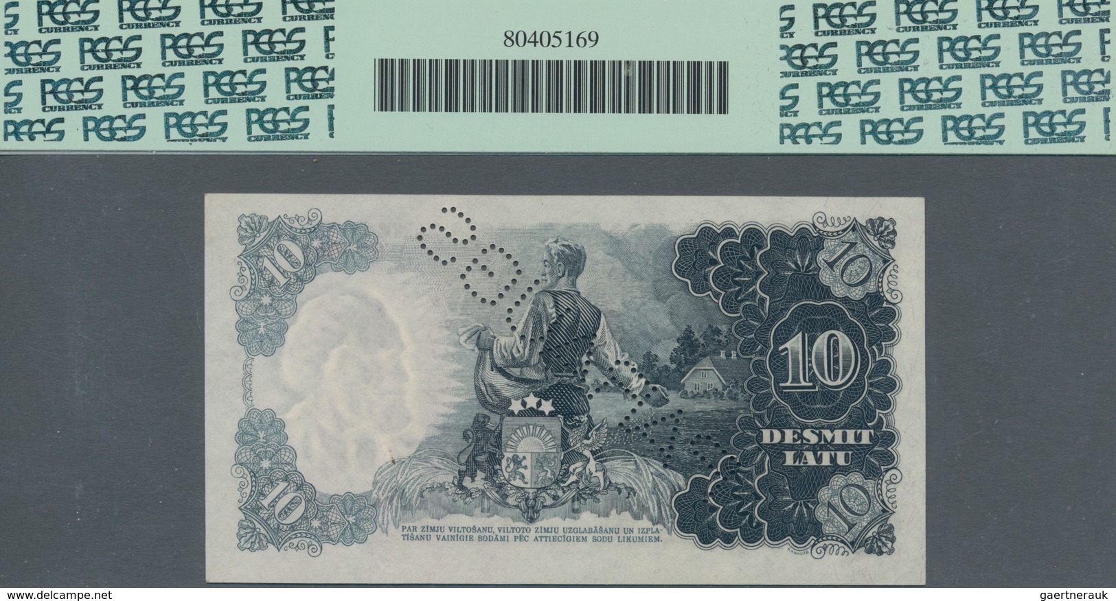 Latvia / Lettland: 10 Latu 1937 Specimen With Perforation "PARAUGS", P.29s1 In UNC, PCGS Graded 64PP - Lettland