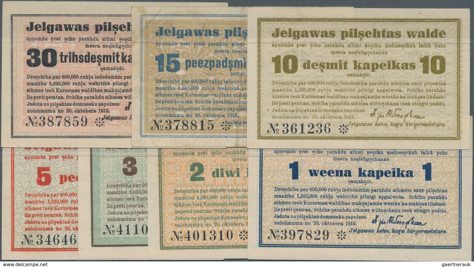 Latvia / Lettland: City Government Of MITAU, Nice Set With 7 Small Exchange Notes Of 1, 2, 3, 5, 10, - Lettland