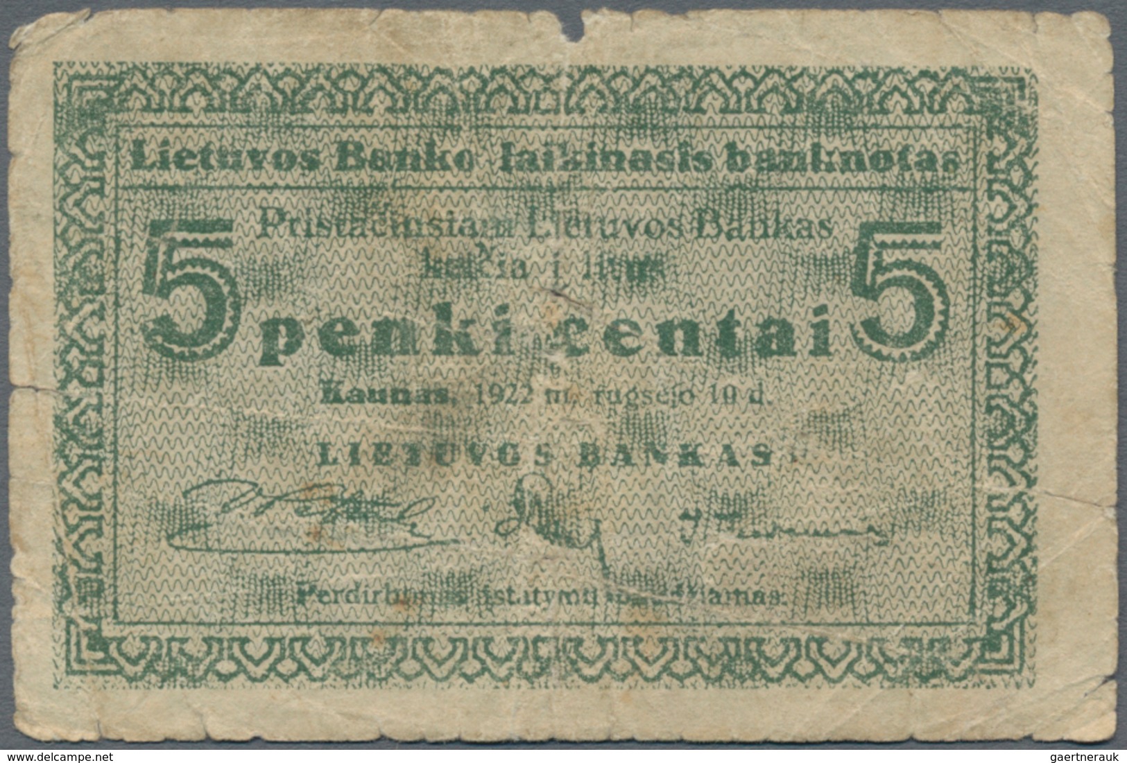 Lithuania / Litauen: 1 Centas 1922 P.1 With Lighly Toned Paper And Some Folds And 5 Centai 1922 P.2 - Litauen