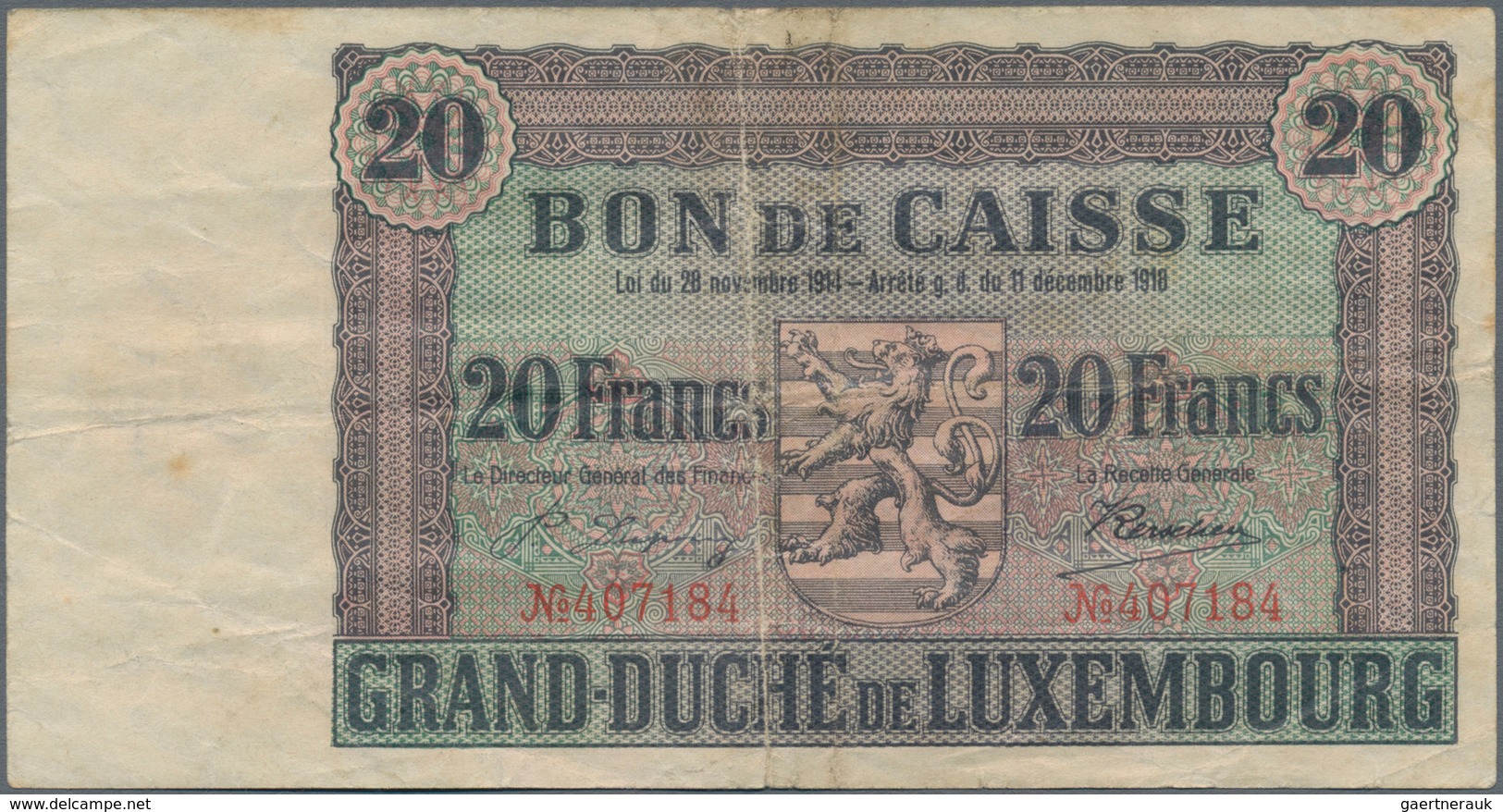 Luxembourg: 20 Francs ND(1926), P.35, Strong Center Fold, Some Other Minor Creases In The Paper And - Luxemburg