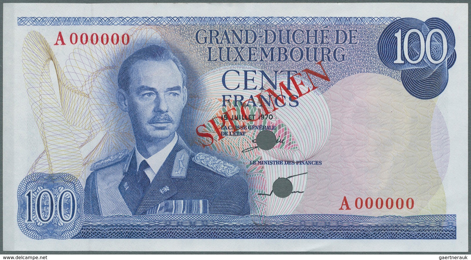 Luxembourg: 100 Francs ND Color Trial P. 56ct, Light Creasing At Upper Border Center, Light Corner D - Luxemburg