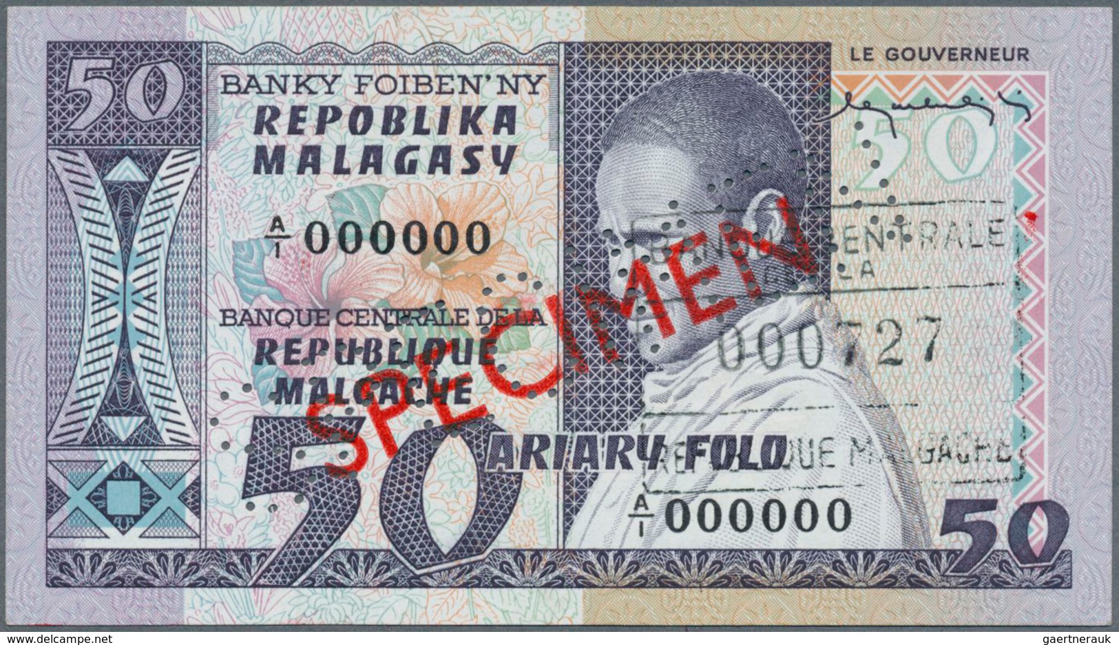 Madagascar: Set Of 2 SPECIMEN Banknotes 50 And 100 Ariary P. 62s, 63s With Specimen Overprint And Sp - Madagascar