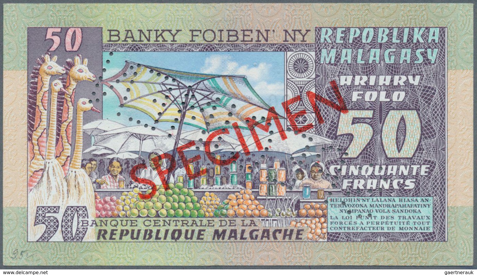 Madagascar: Set Of 2 SPECIMEN Banknotes 50 And 100 Ariary P. 62s, 63s With Specimen Overprint And Sp - Madagascar