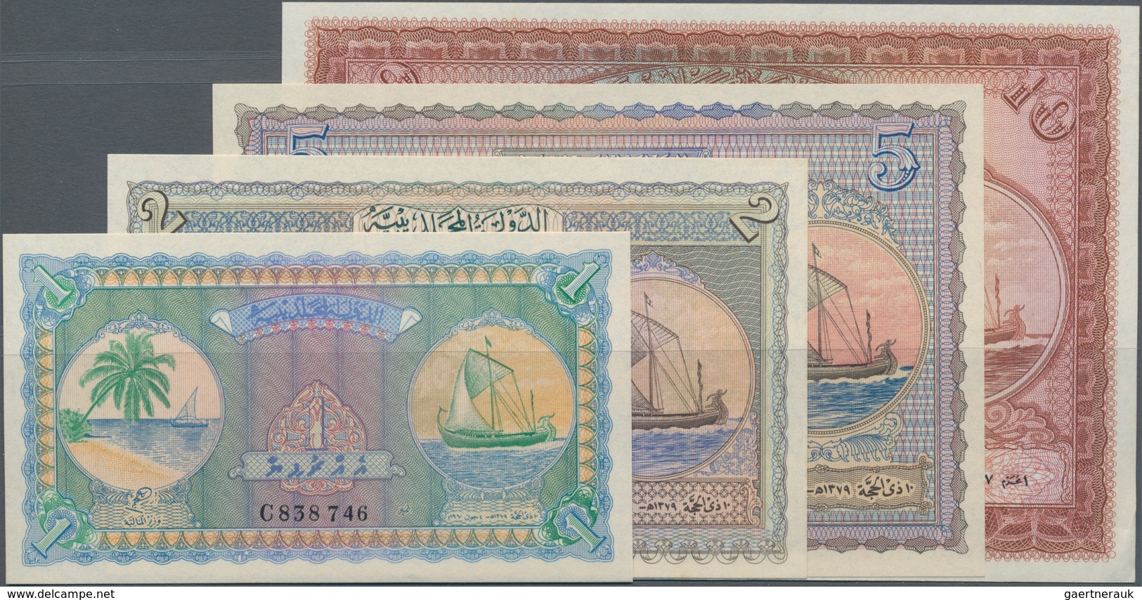 Maldives / Malediven: Lot With 4 Banknotes 1, 2 And 5 Rupees 1980 P.2b, 3b, 4b In UNC And 10 Rupees - Maldiven