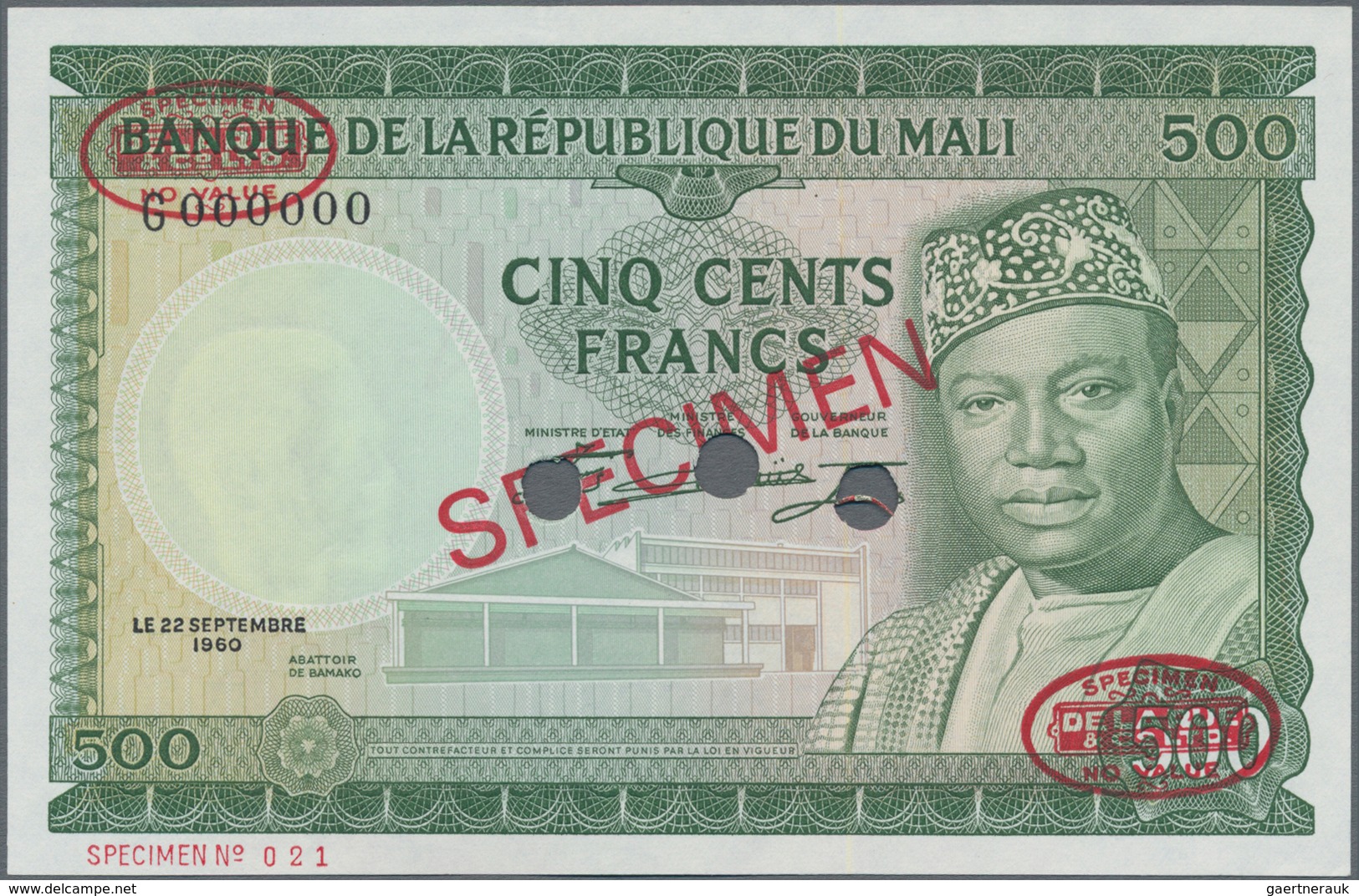 Mali: Banque De La République Du Mali 500 Francs 1960 (1967) SPECIMEN, P.8s In Perfect UNC Condition - Mali