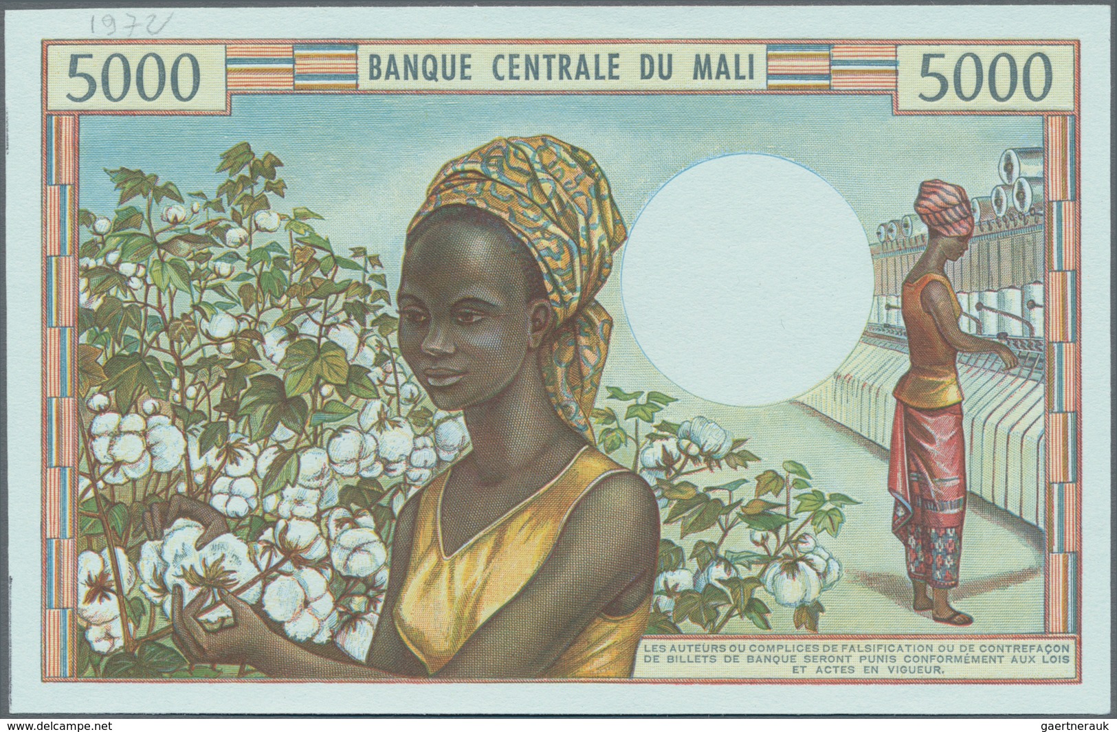 Mali: Banque De La République Du Mali 5000 Francs ND(1972-84) Reverse Proof, P.14p, Small Pencil Ann - Malí