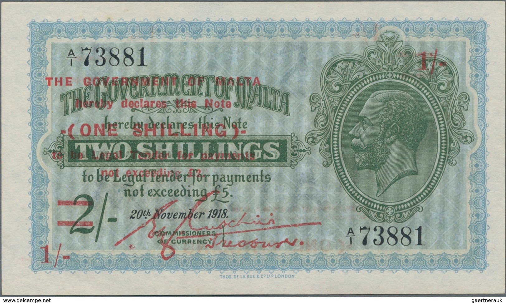 Malta: 1 Shilling ND(1940) Ovpt. On 2 Shillings, P.15 With Portrait Of King George V In Perfect UNC - Malta