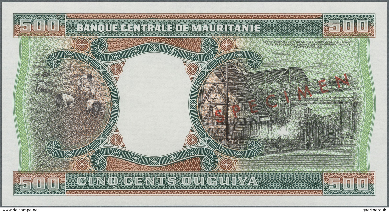 Mauritania / Mauretanien: 500 Ouguiya 1983 Front And Reverse Specimen With Perforation / Red Overpri - Mauritanien