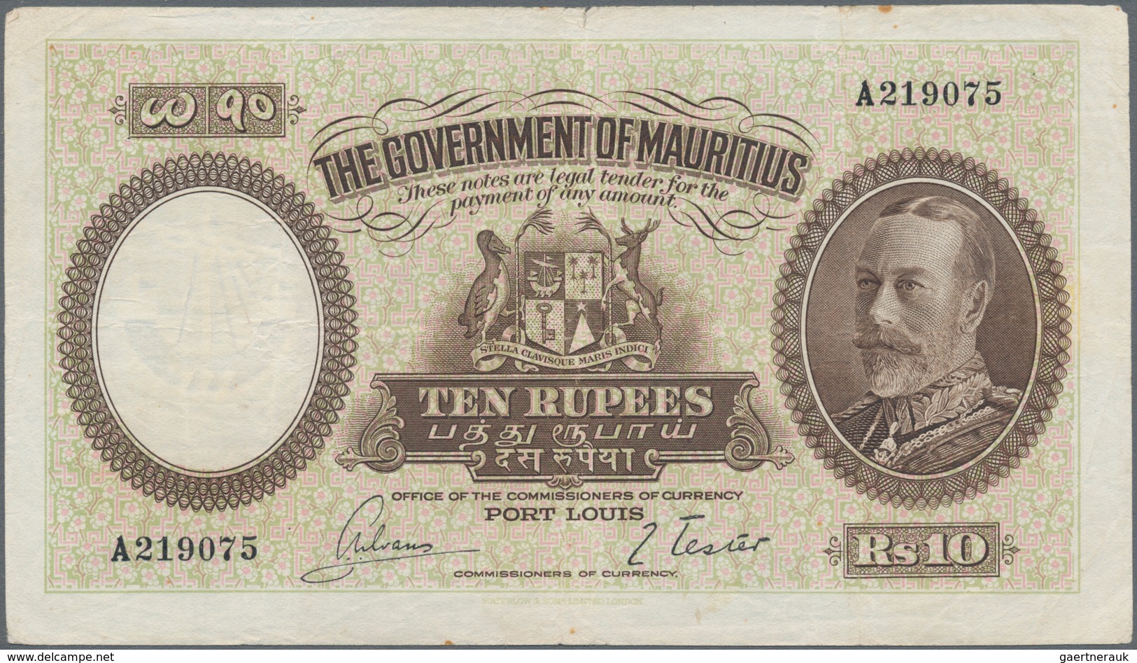 Mauritius: The Government Of Mauritius 10 Rupees ND(1930) With Portrait Of King Georg V, P.21, Small - Mauritius