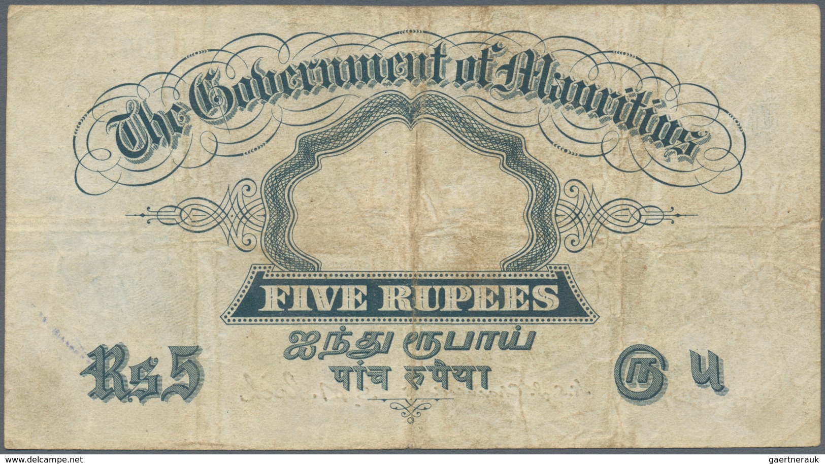 Mauritius: 5 Rupees ND(1937) P. 22, Portait KGVI, Used With Folds And Creases, Light Stain In Paper, - Mauritius