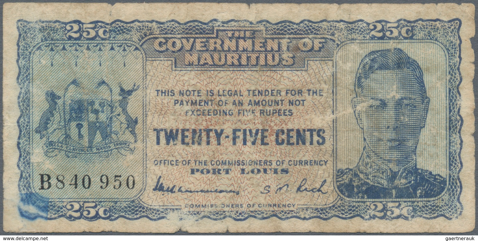 Mauritius: 25 Cents ND(1940) P. 24c, Used With Folds, Borders A Bit Worn, Minor Holes, No Repairs, N - Mauritius