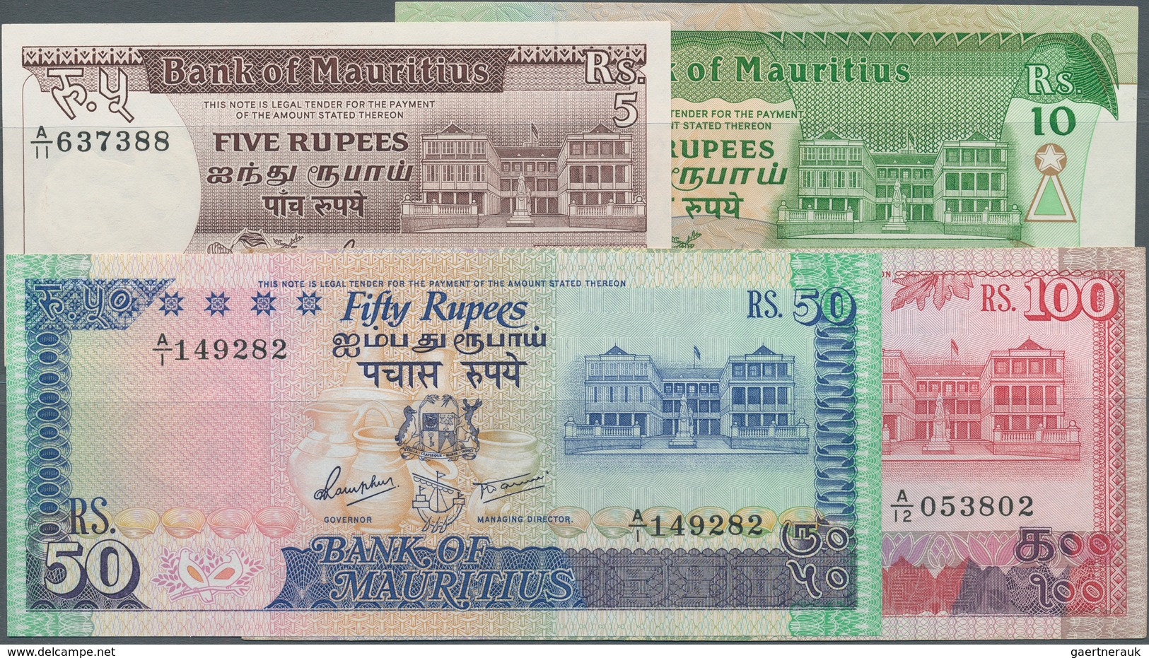 Mauritius: Nice Set With 4 Banknotes With 5 And 10 Rupees ND(1985-91) P.34, 35b In XF And 50, 100 Ru - Mauricio