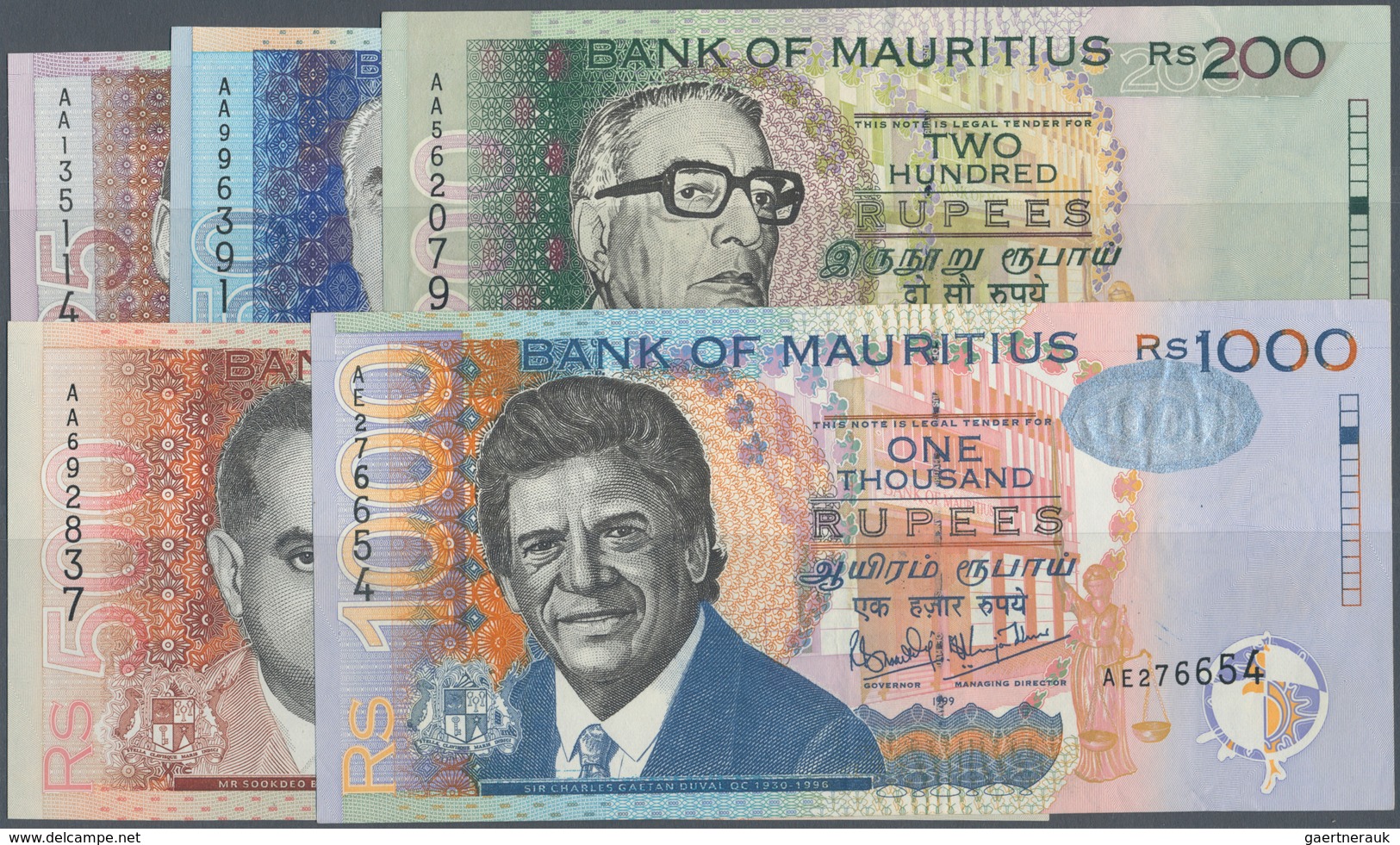 Mauritius: Set Of 5 Different Banknotes Containing 25, 50, 200, 500 & 1000 Rupees 1999 P. 49-54, All - Mauritius