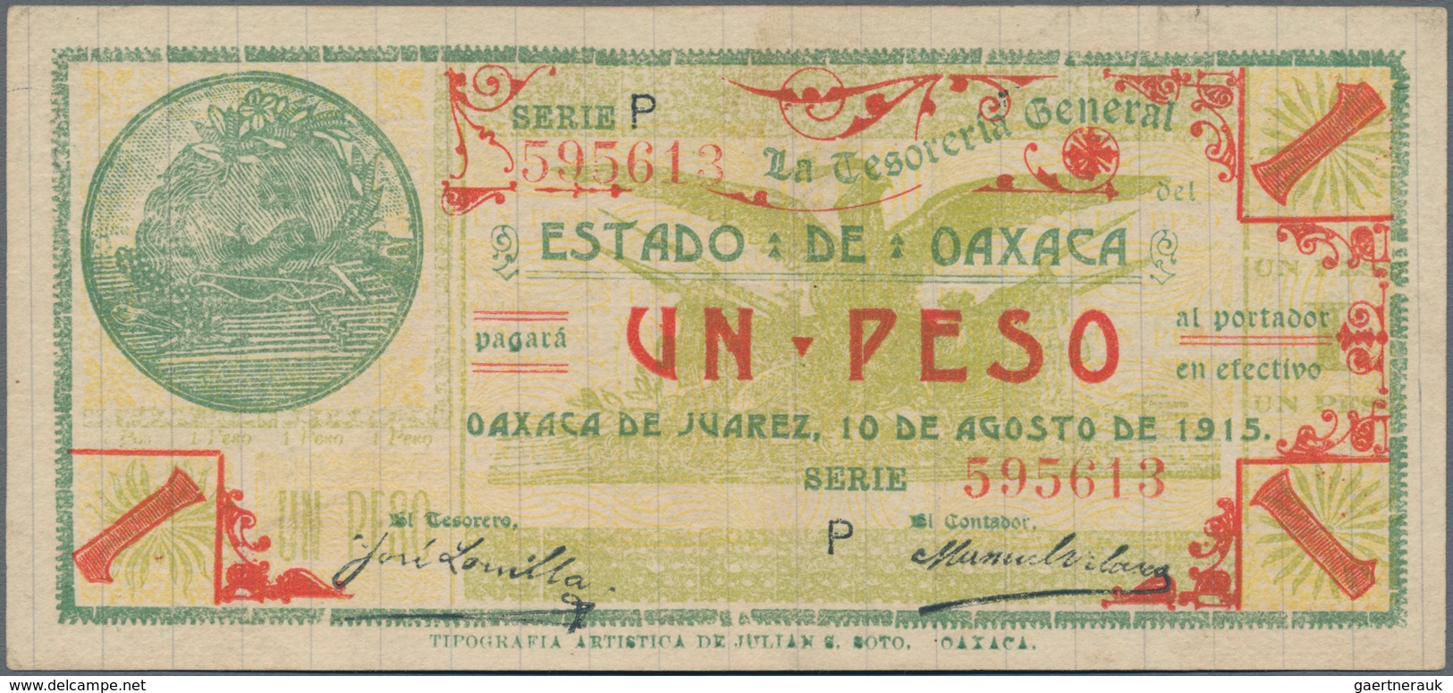 Mexico: Tesorería General Del Estado De Oaxaca Pair With 5 Pesos 1915, 1916, P.S593e, S954 In F/VF C - Messico