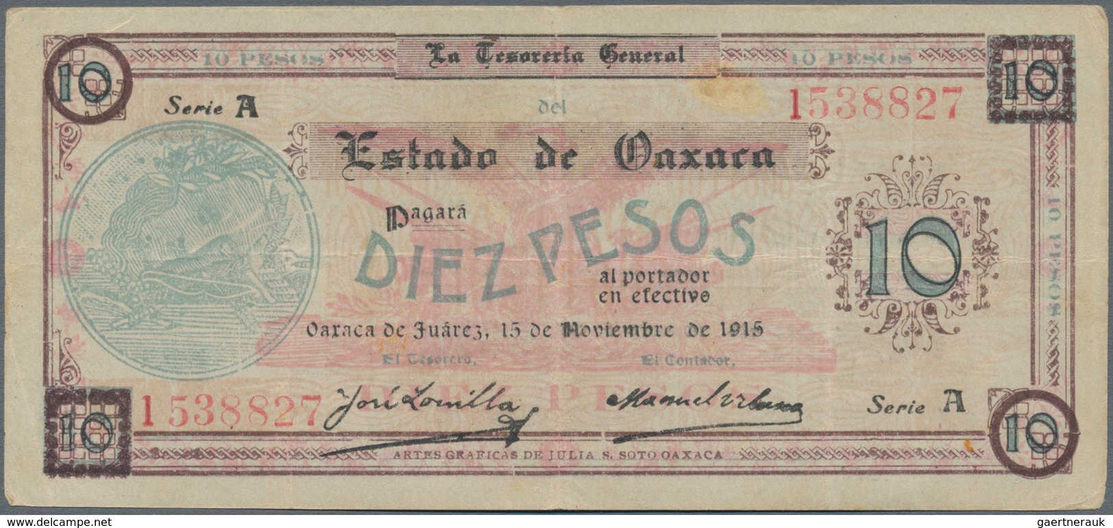 Mexico: Tesorería General Del Estado De Oaxaca 10 Pesos 1915, P.S957a In About XF Condition. - Messico