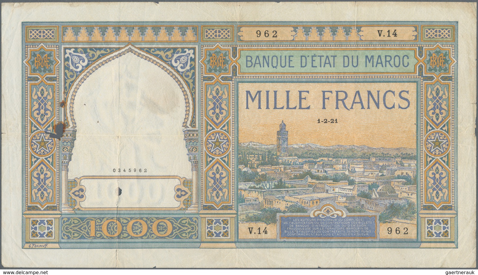 Morocco / Marokko: Banque D'État Du Maroc 1000 Francs 1921, P.16a, Still Nice For The Large Size For - Marokko