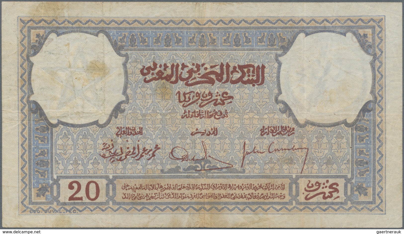 Morocco / Marokko: Banque D'État Du Maroc 20 Francs 1929, P.18, Lightly Stained With Some Folds And - Marokko